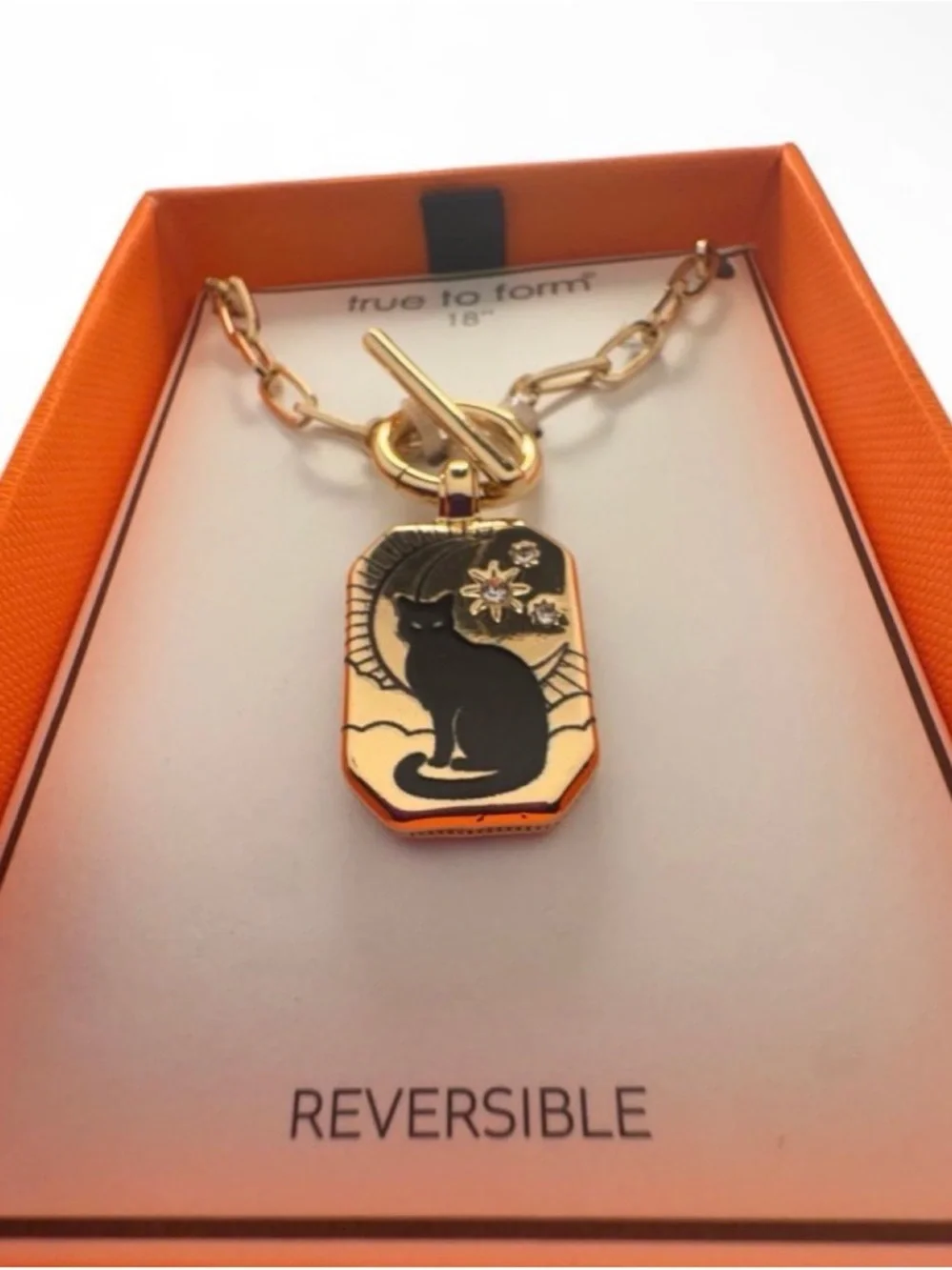 Gold-Tone Cat Pendant Necklace with Black Cat Accent Reversible